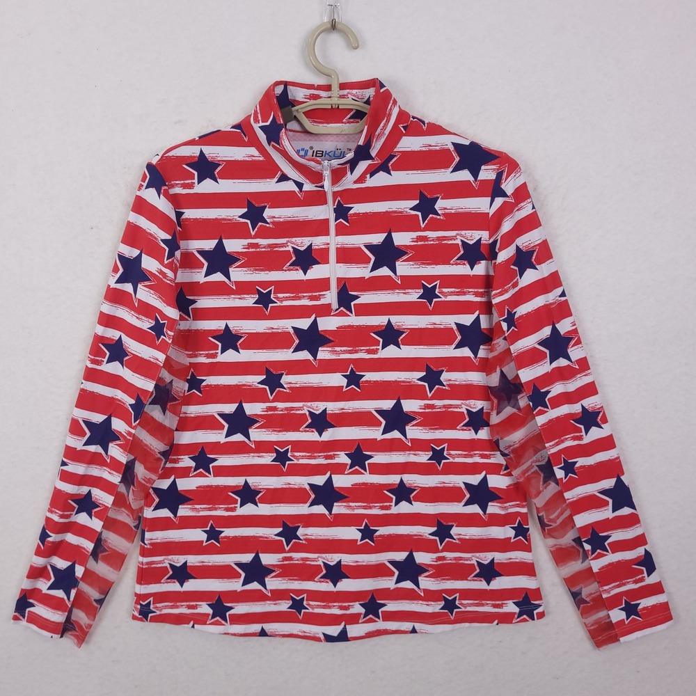 IBKUL Sun Shirt Womens Large Red White Blue Stars Stripes UPF 50 Quarter Zip